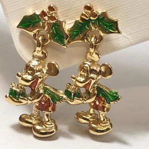 Vintage Disney Mickey Mouse Christmas Earrings Signed Disneyana Gold Plated